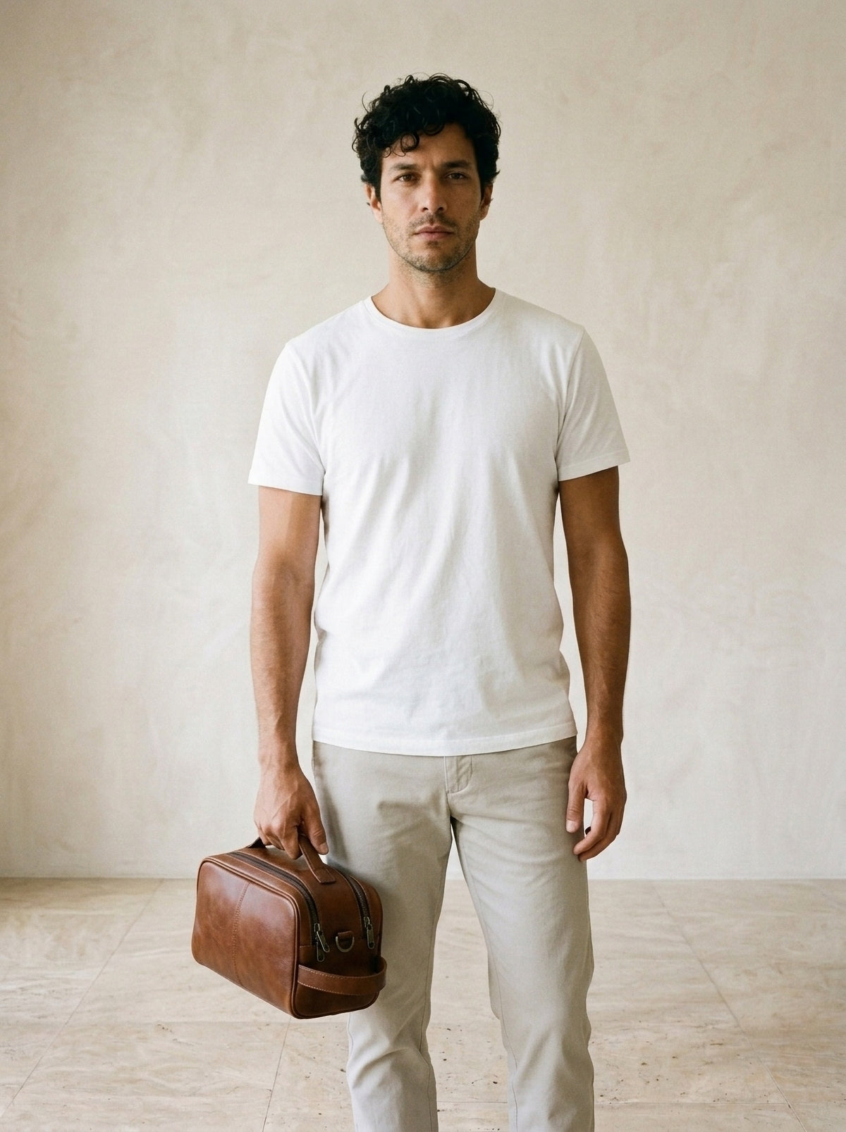 Marrom | Necessaire de couro Budva marrom – modelo com a necessaire, vista de frente
