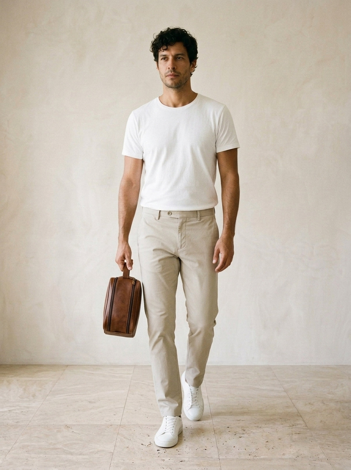 Marrom | Necessaire de couro Budva marrom – modelo caminhando com a necessaire