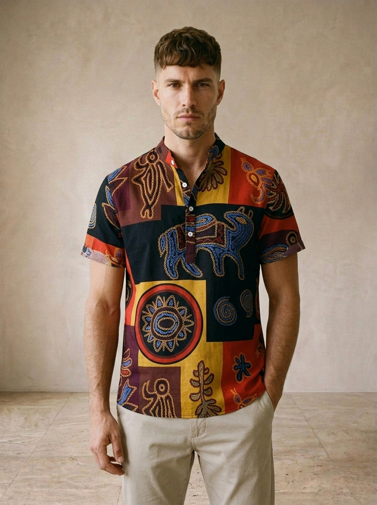 Camisa gola padre estampada Cannes – vista de frente, recorte próximo