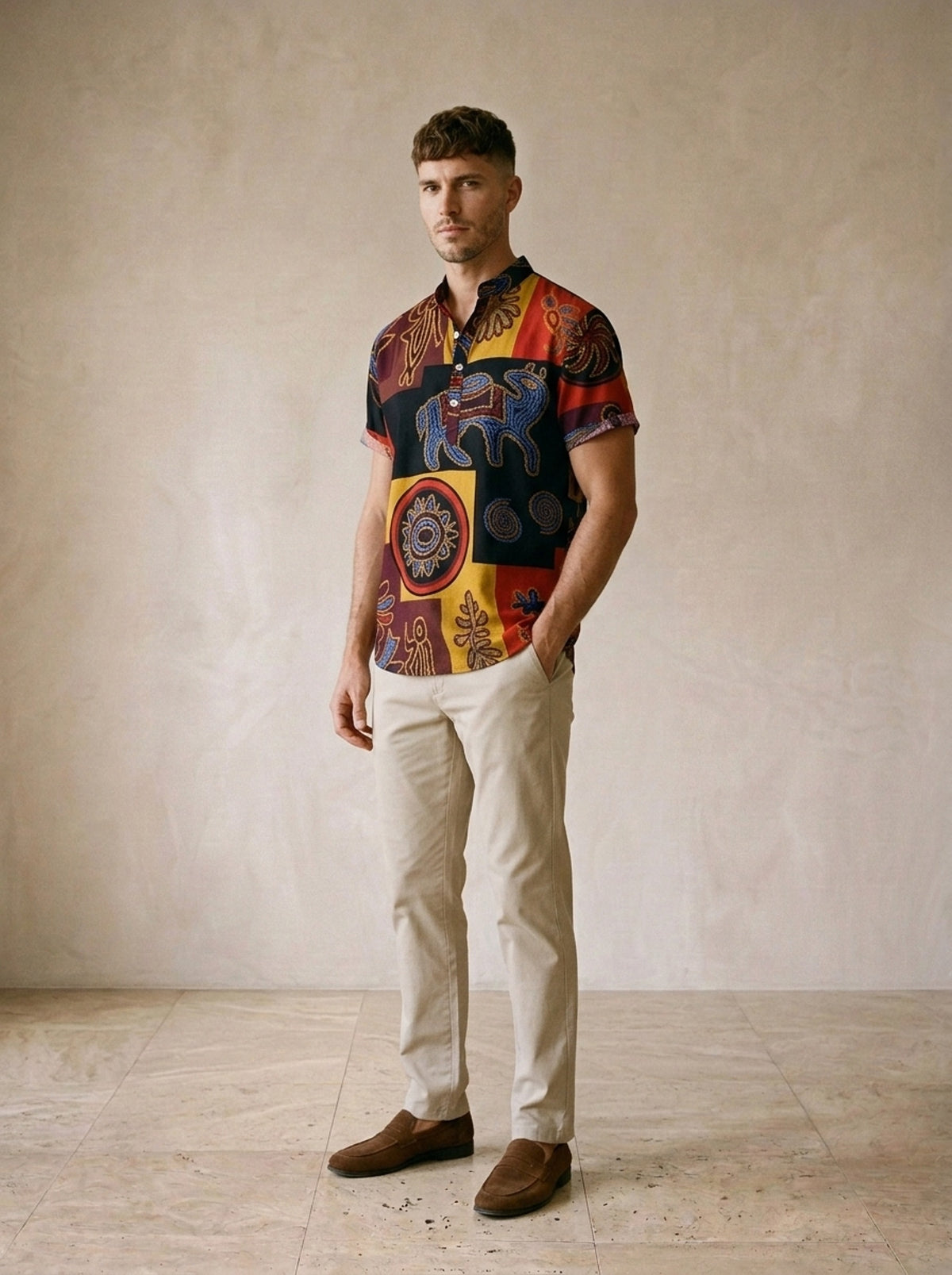 Camisa gola padre estampada Cannes – vista três quartos
