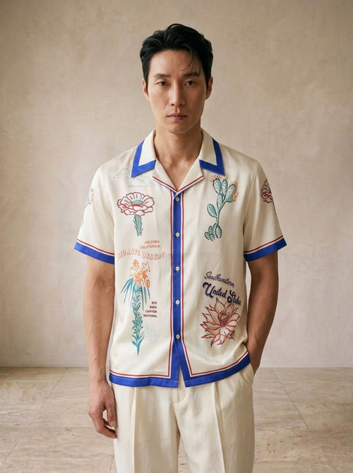 Azul | Camisa estampada gola cubana Canterbury azul – vista de frente, recorte próximo