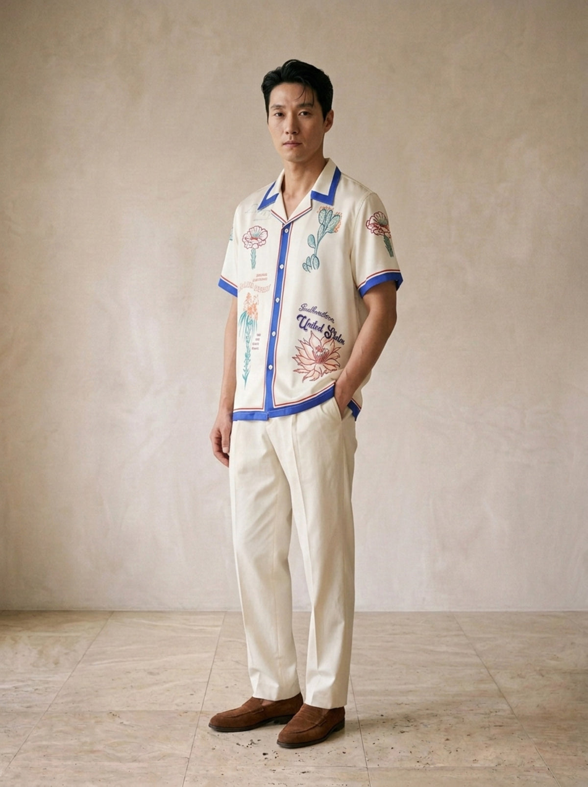 Azul | Camisa estampada gola cubana Canterbury azul – vista três quartos
