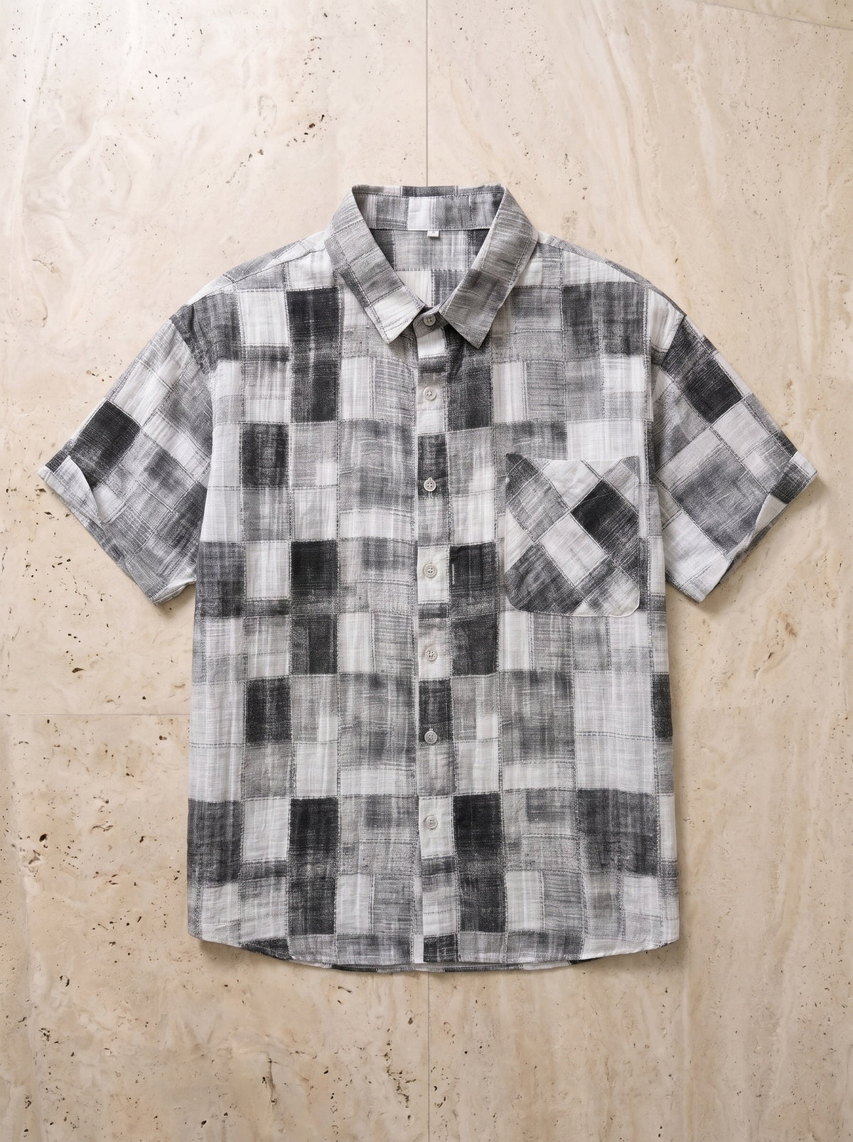 Cinza | Camisa xadrez patchwork Carcassonne cinza – peça sozinha vista de cima