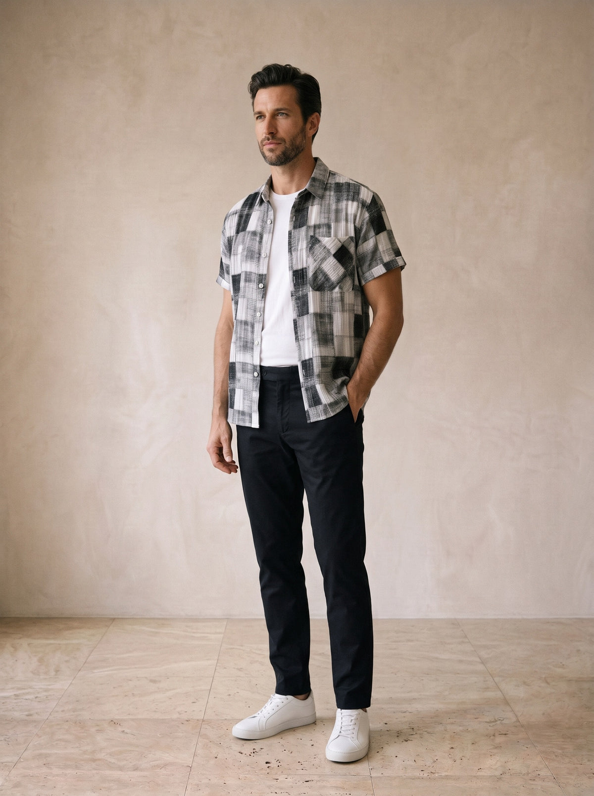 Cinza | Camisa xadrez patchwork Carcassonne cinza – vista três quartos