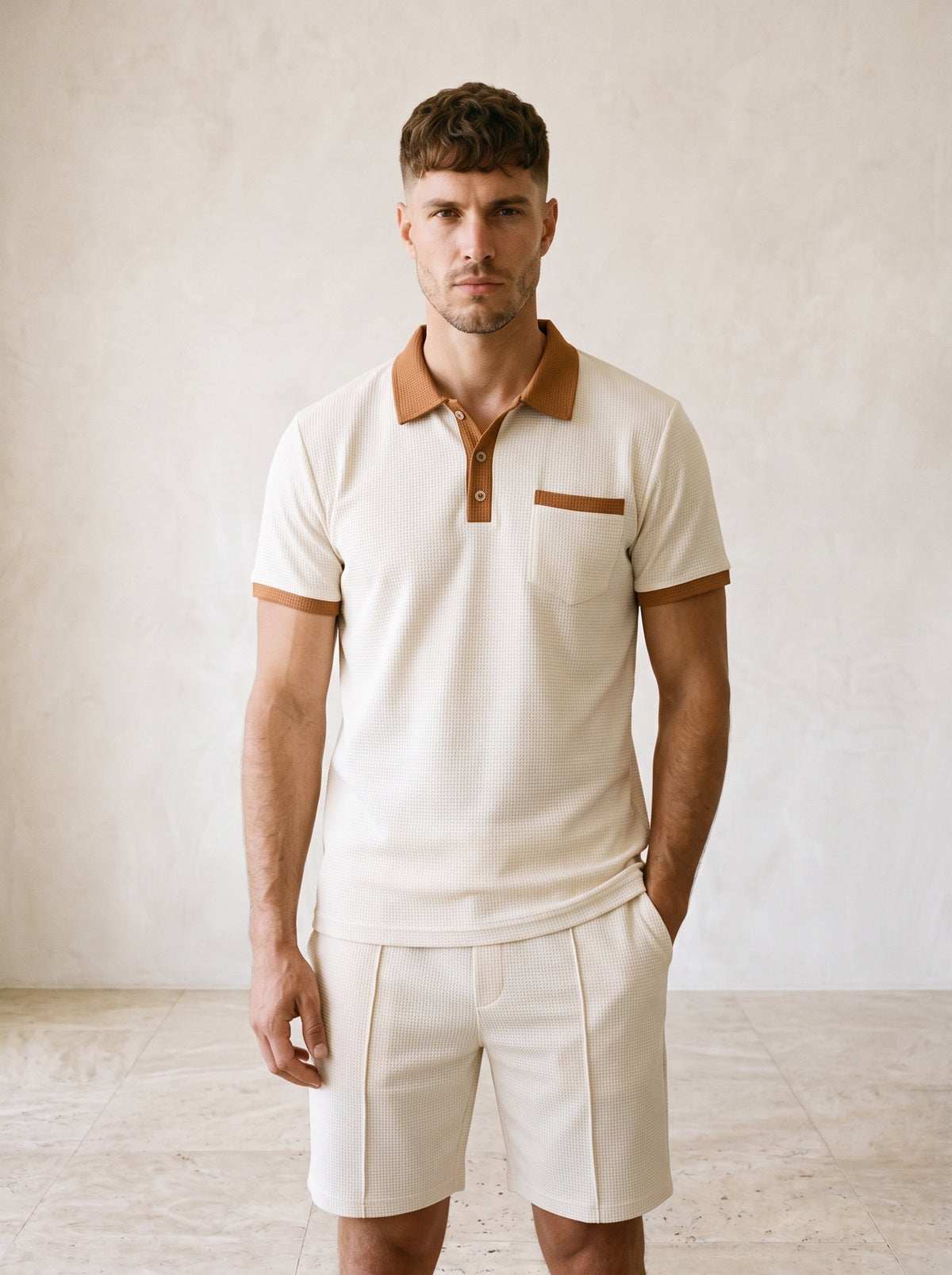 Creme | Conjunto polo com gola contrastante e short Cassis creme – no corpo, vista de frente