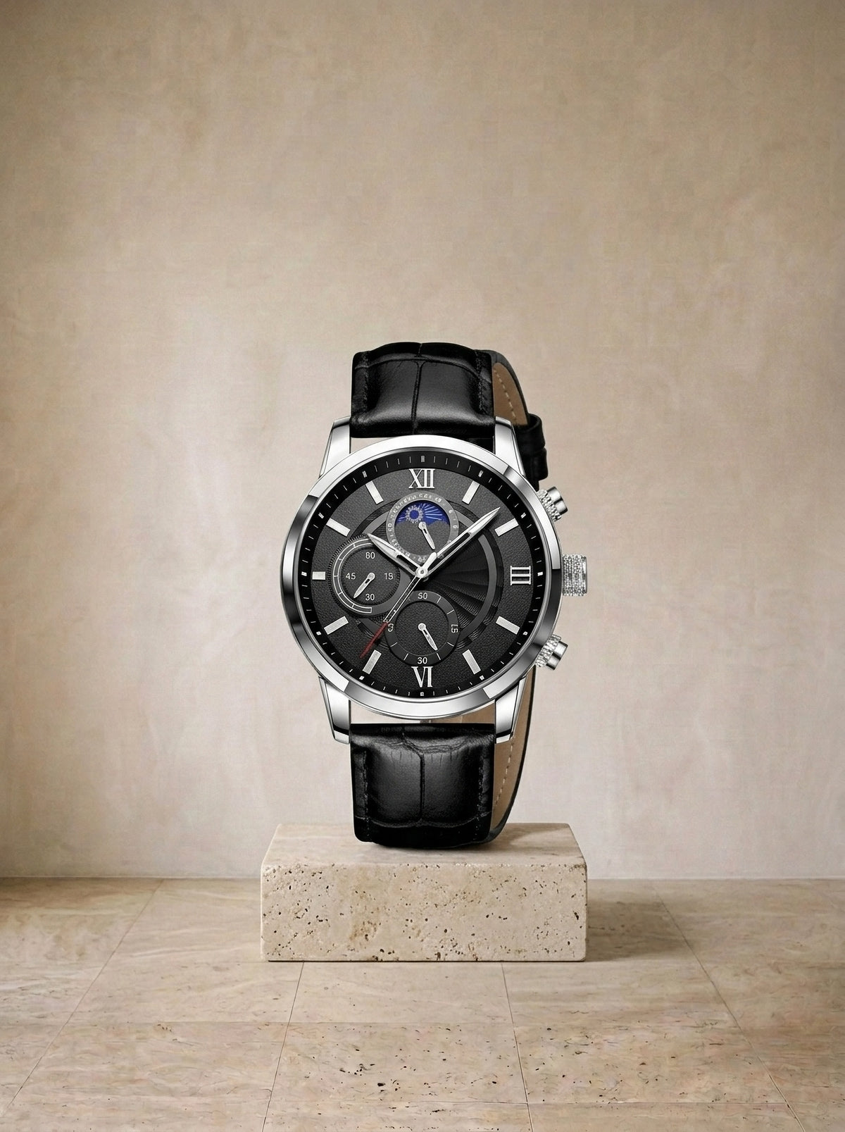Prateado e preto | Relógio com pulseira de couro Cesenatico prateado e preto – peça sozinha, foto de produto