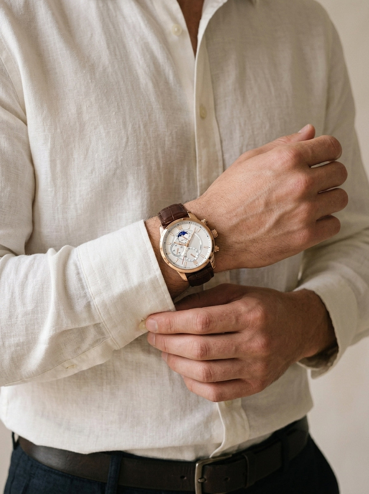 Rosé e branco | Relógio com pulseira de couro Cesenatico rosé e branco – no pulso, vista de frente
