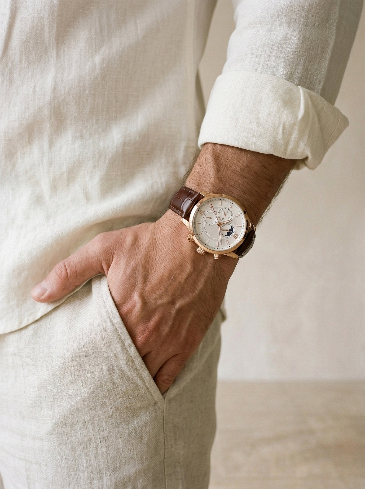 Rosé e branco | Relógio com pulseira de couro Cesenatico rosé e branco – peça no pulso, recorte próximo