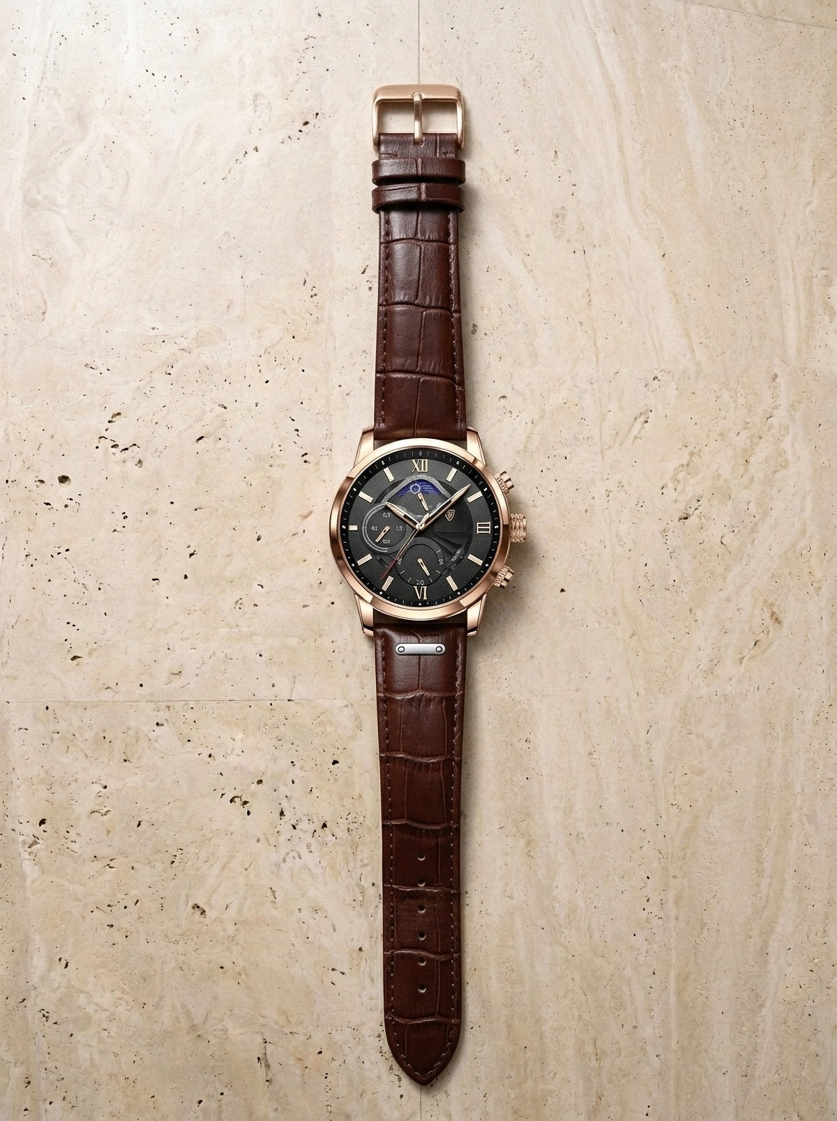 Rosé e preto | Relógio com pulseira de couro Cesenatico rosé e preto – peça sozinha vista de cima