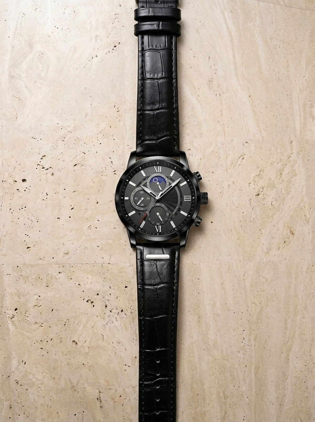 Total black | Relógio com pulseira de couro Cesenatico total black – peça sozinha vista de cima