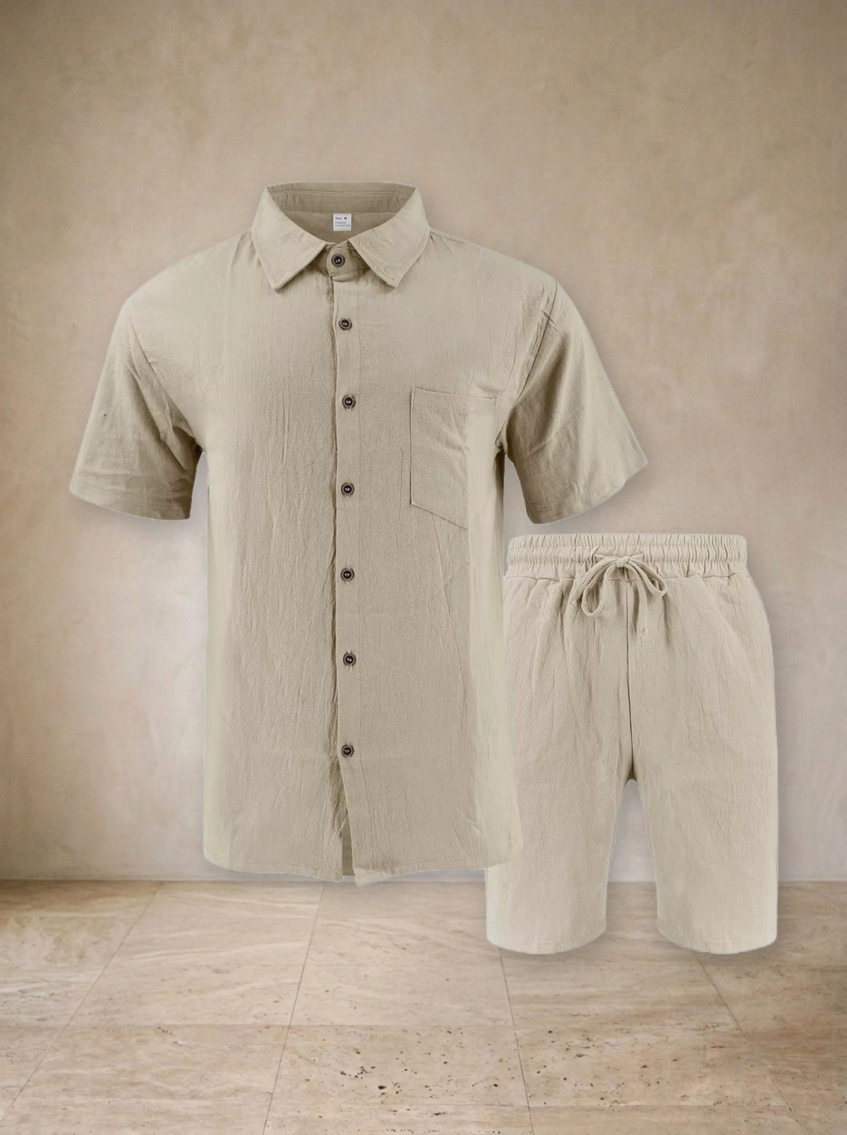 Cáqui | Conjunto camisa e short de linho Chania cáqui – foto original do fornecedor