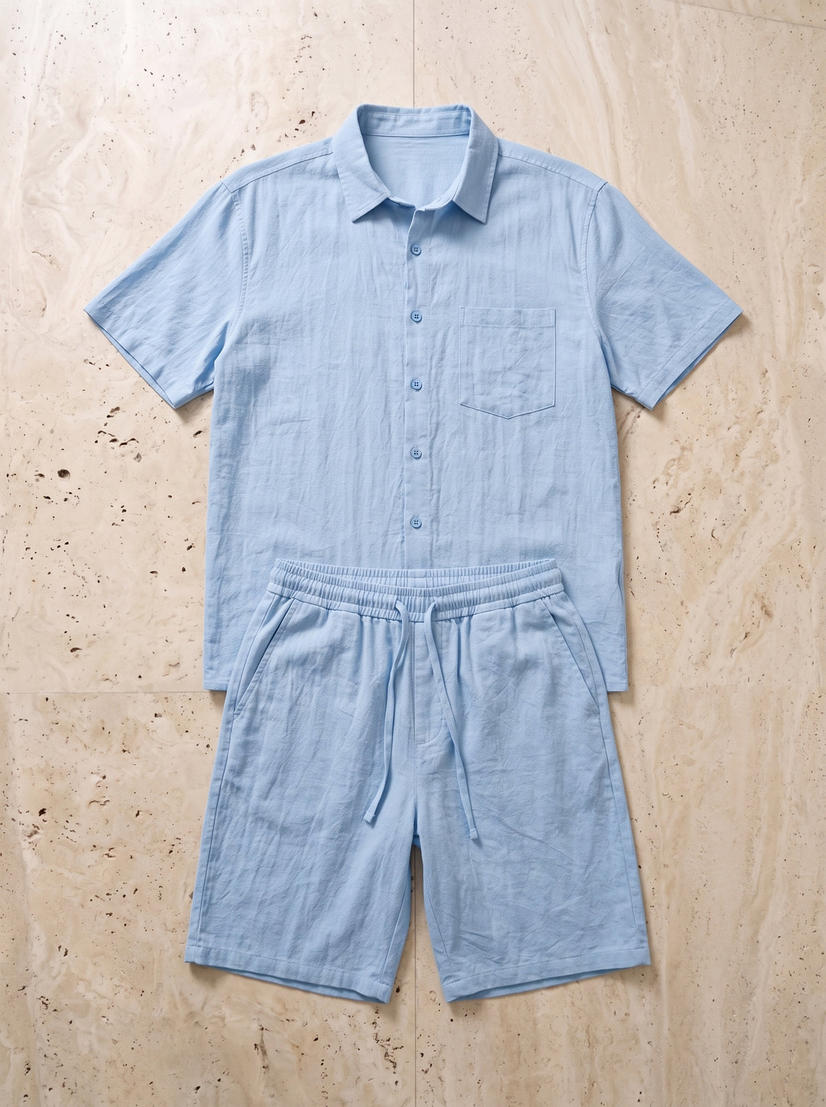 Azul-claro | Conjunto camisa e short de linho Chania azul-claro – peça sozinha vista de cima