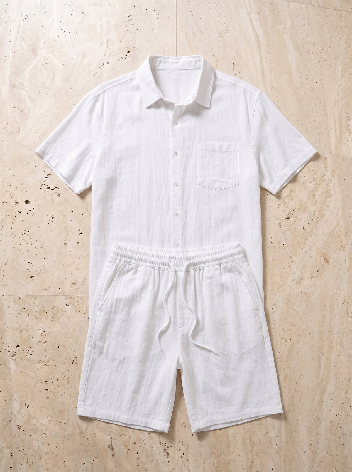 Branco | Conjunto camisa e short de linho Chania branco – peça sozinha vista de cima