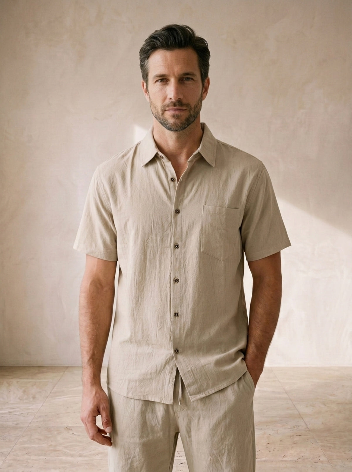 Cáqui | Conjunto camisa e short de linho Chania cáqui – no corpo, vista de frente