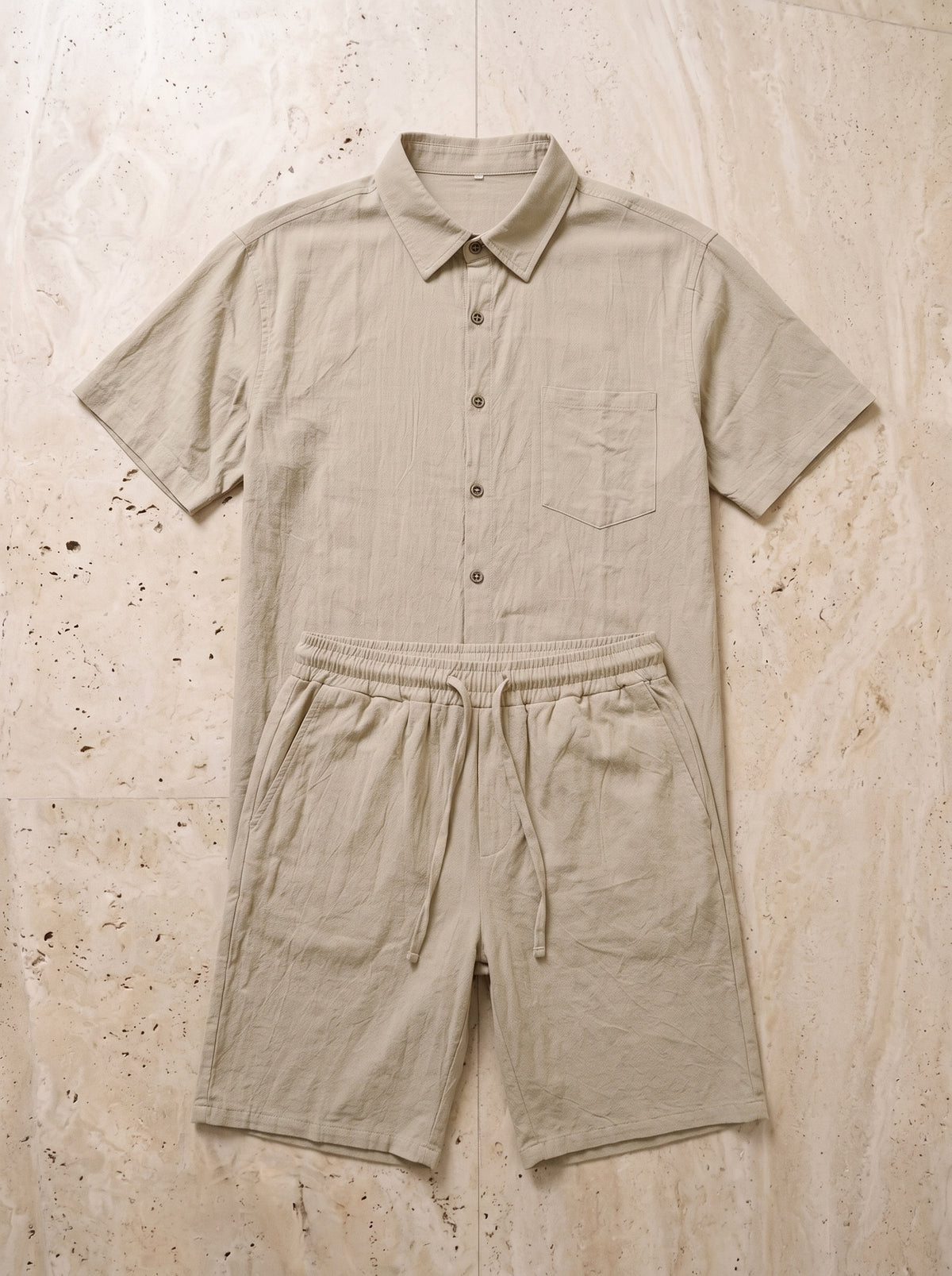 Cáqui | Conjunto camisa e short de linho Chania cáqui – peça sozinha vista de cima