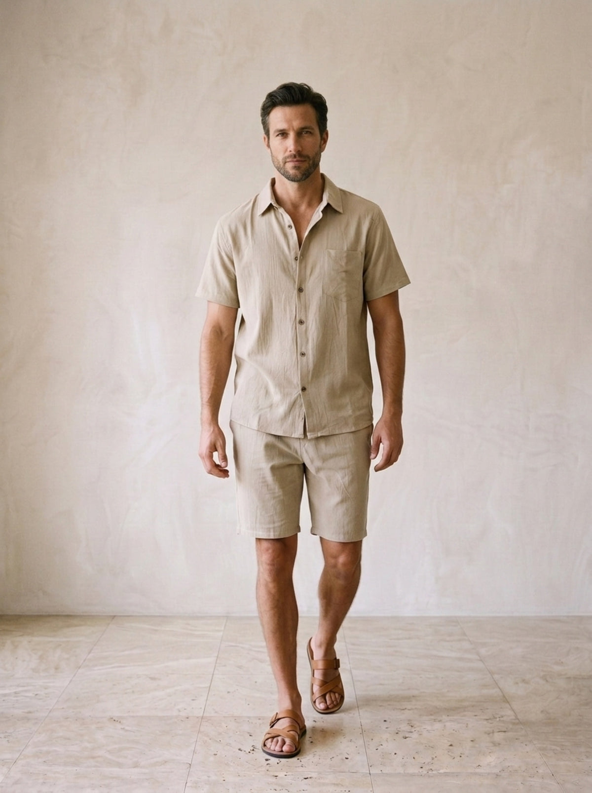 Cáqui | Conjunto camisa e short de linho Chania cáqui – corpo inteiro, modelo caminhando