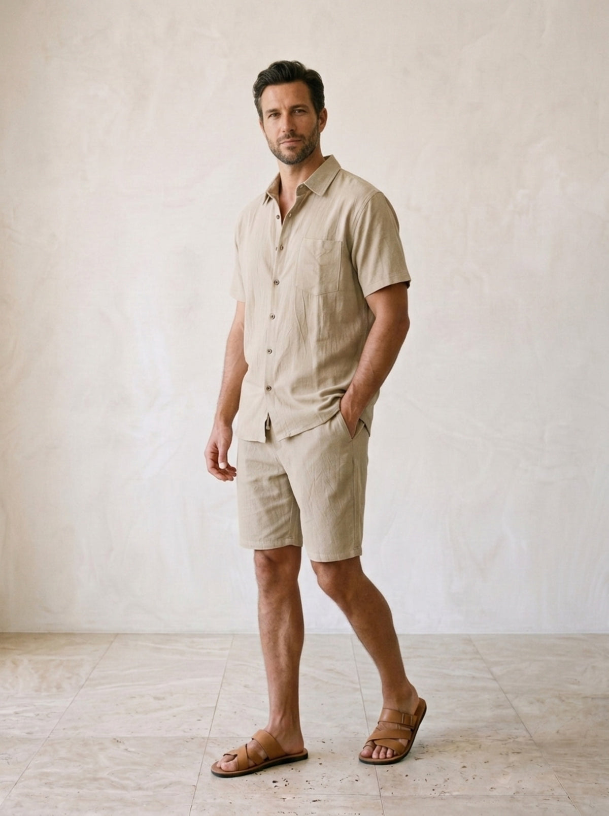 Cáqui | Conjunto camisa e short de linho Chania cáqui – vista três quartos