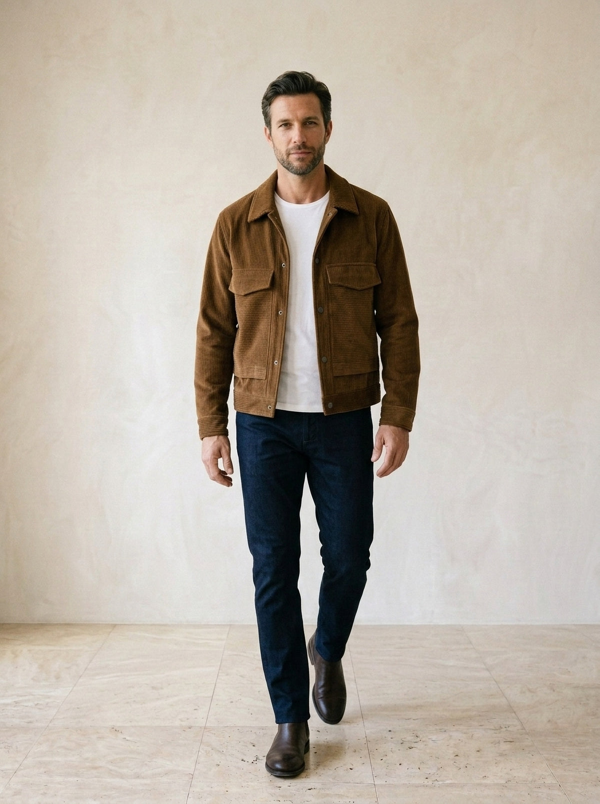 Marrom | Jaqueta camisa de veludo Clervaux marrom – corpo inteiro, modelo caminhando