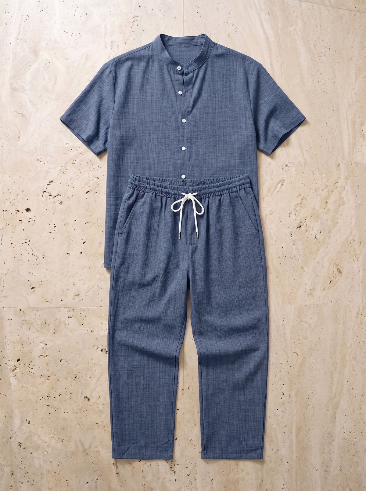 Azul | Conjunto camisa gola padre e calça Corfu azul – peça sozinha vista de cima