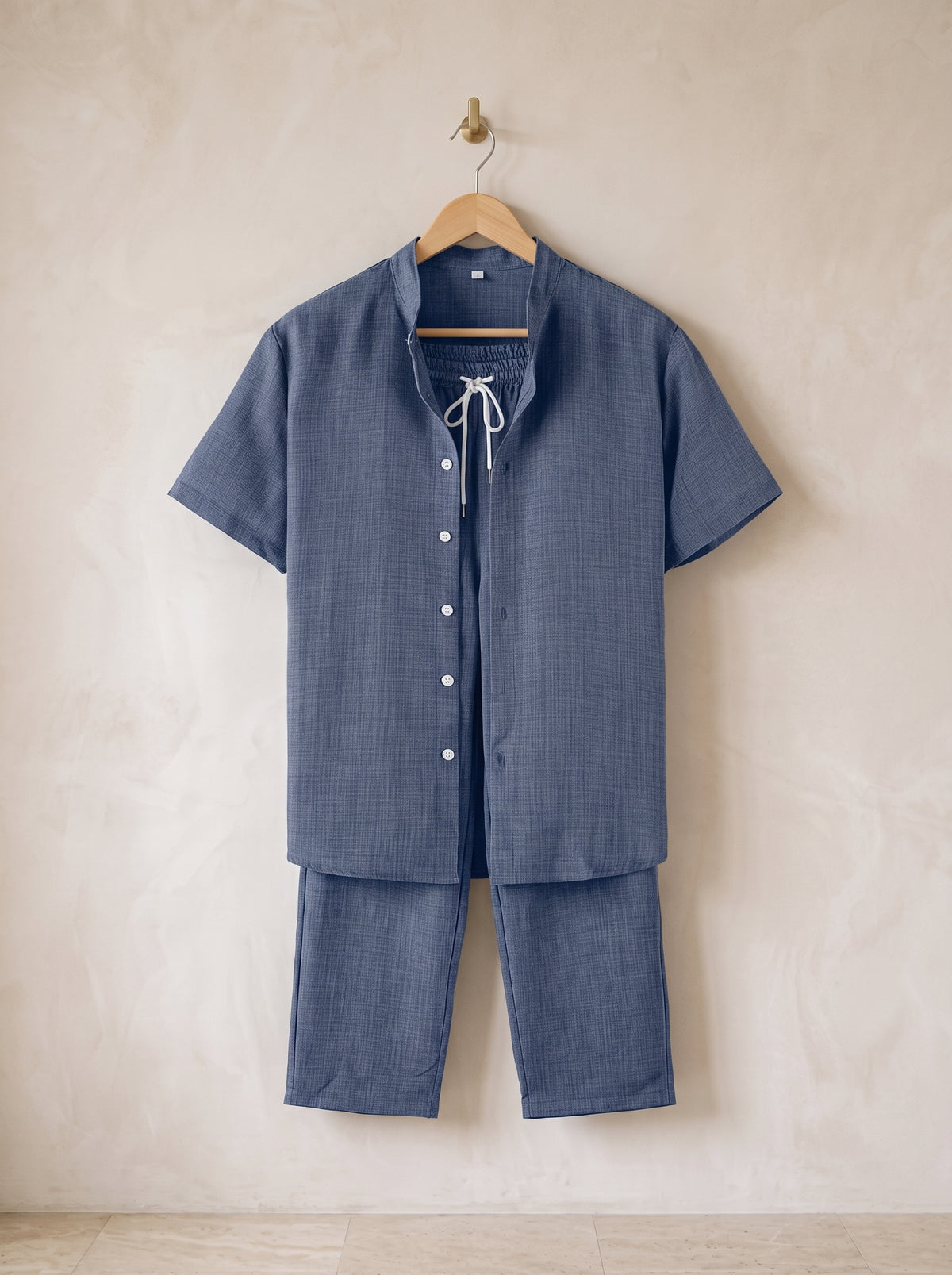 Azul | Conjunto camisa gola padre e calça Corfu azul – peça sozinha, foto de produto