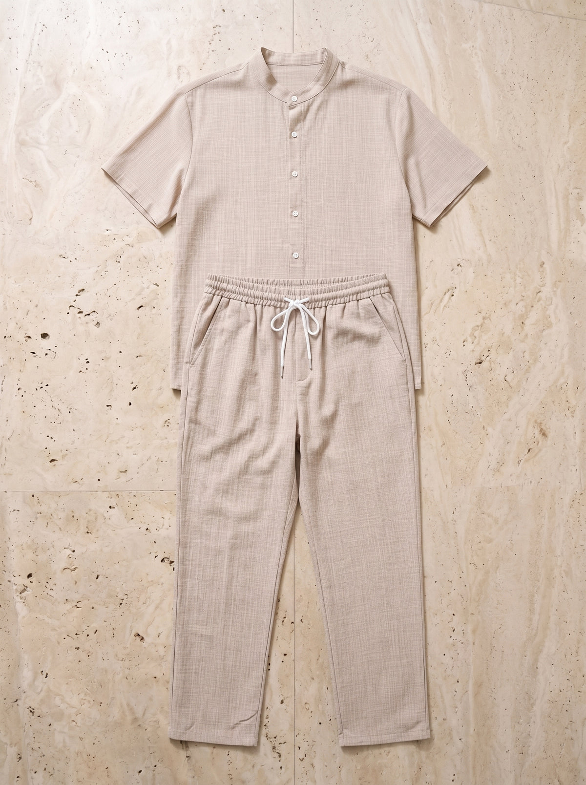 Cáqui | Conjunto camisa gola padre e calça Corfu cáqui – peça sozinha vista de cima