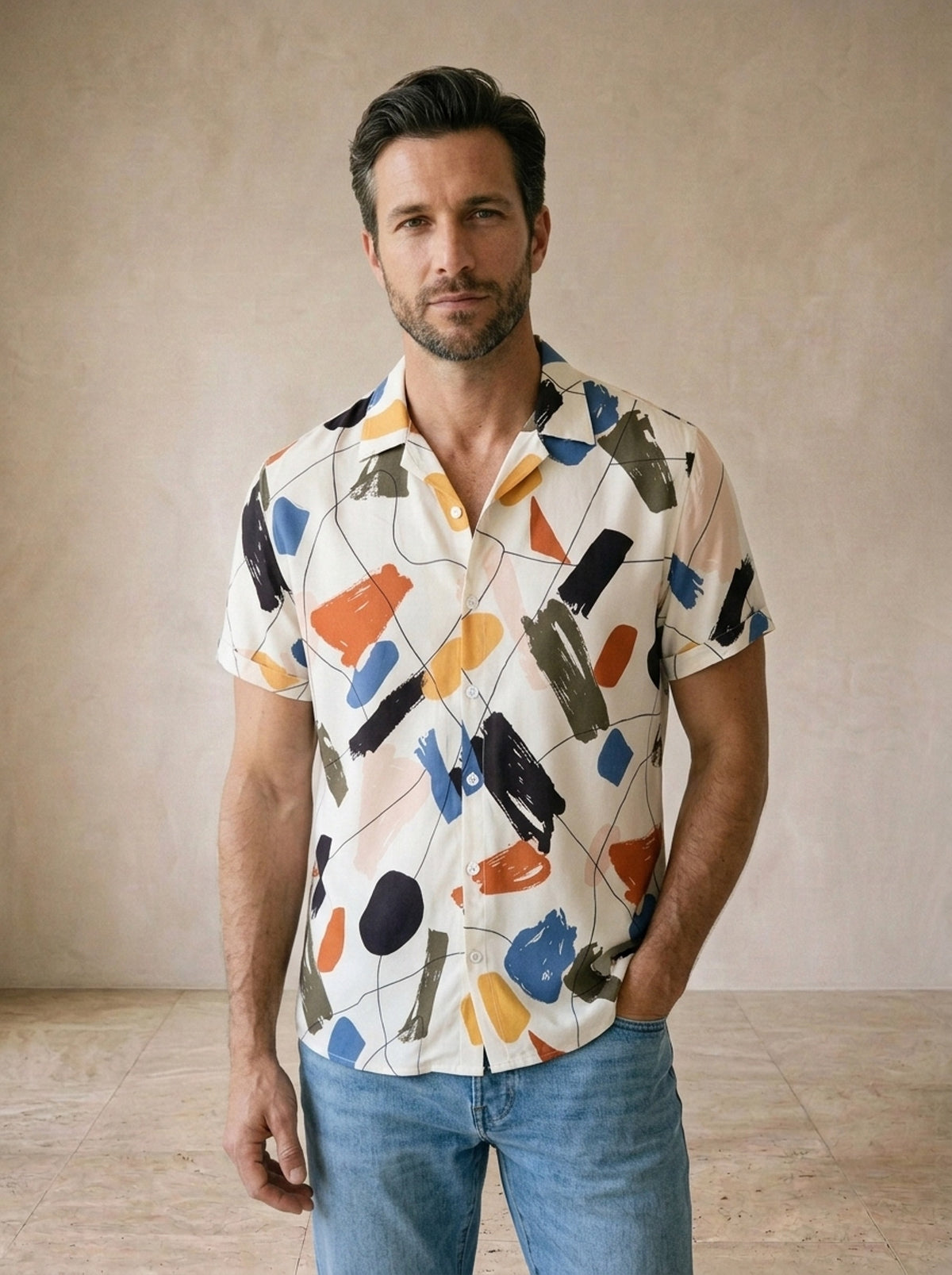 Camisa estampa abstrata Cork – vista de frente, recorte próximo