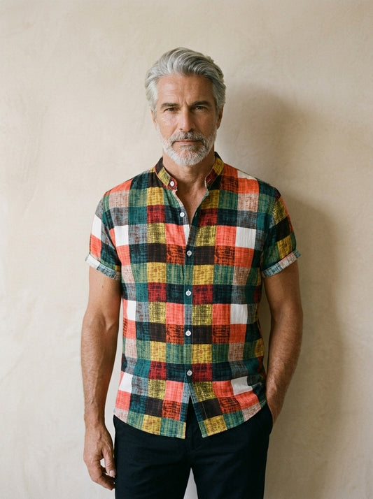 Vermelho | Camisa xadrez patchwork Cortona vermelho – vista de frente, recorte próximo