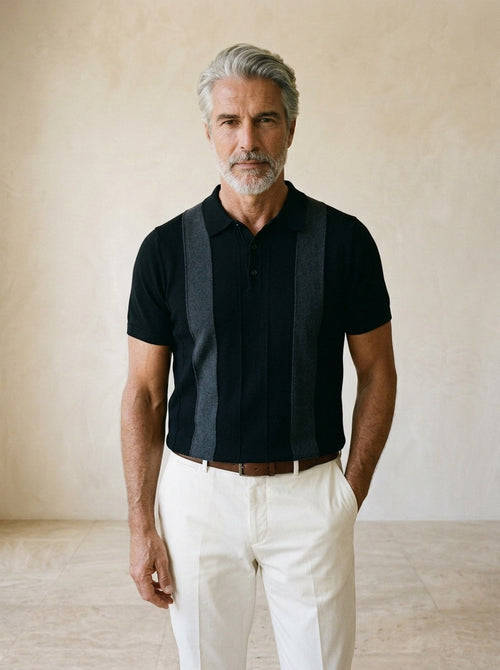 Preto | Camisa polo de tricô com faixas Covilhã preto – vista de frente, recorte próximo