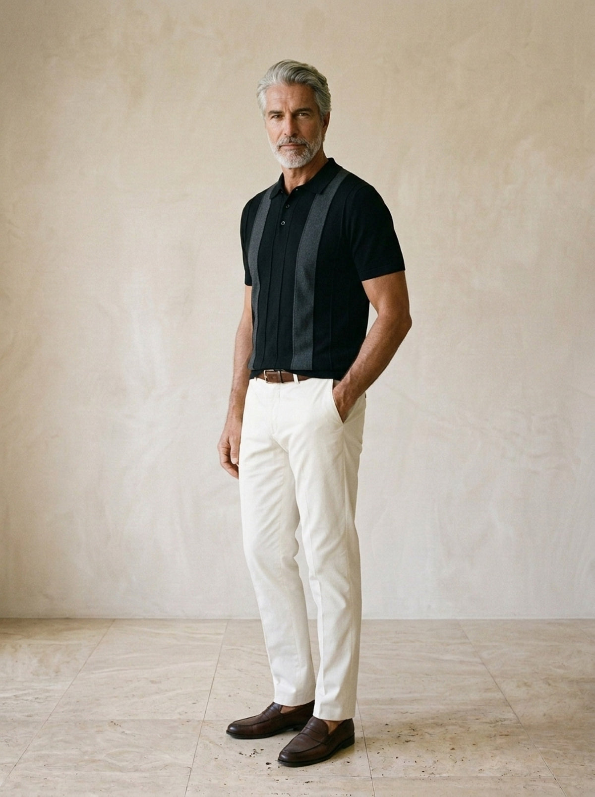 Preto | Camisa polo de tricô com faixas Covilhã preto – vista três quartos