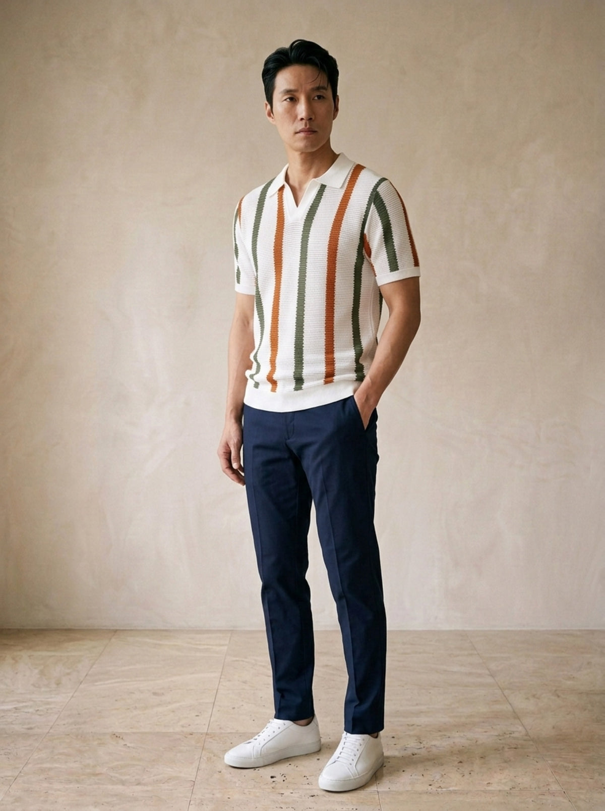 Branco | Camisa polo de tricô listrada Deauville branco – vista três quartos