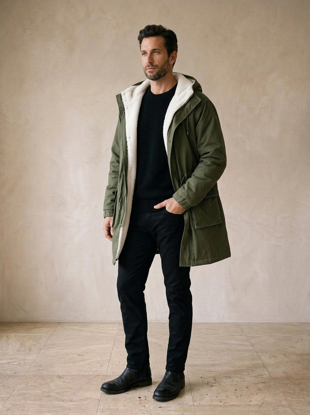 Verde-militar | Parka longa com capuz Echternach verde-militar – vista três quartos