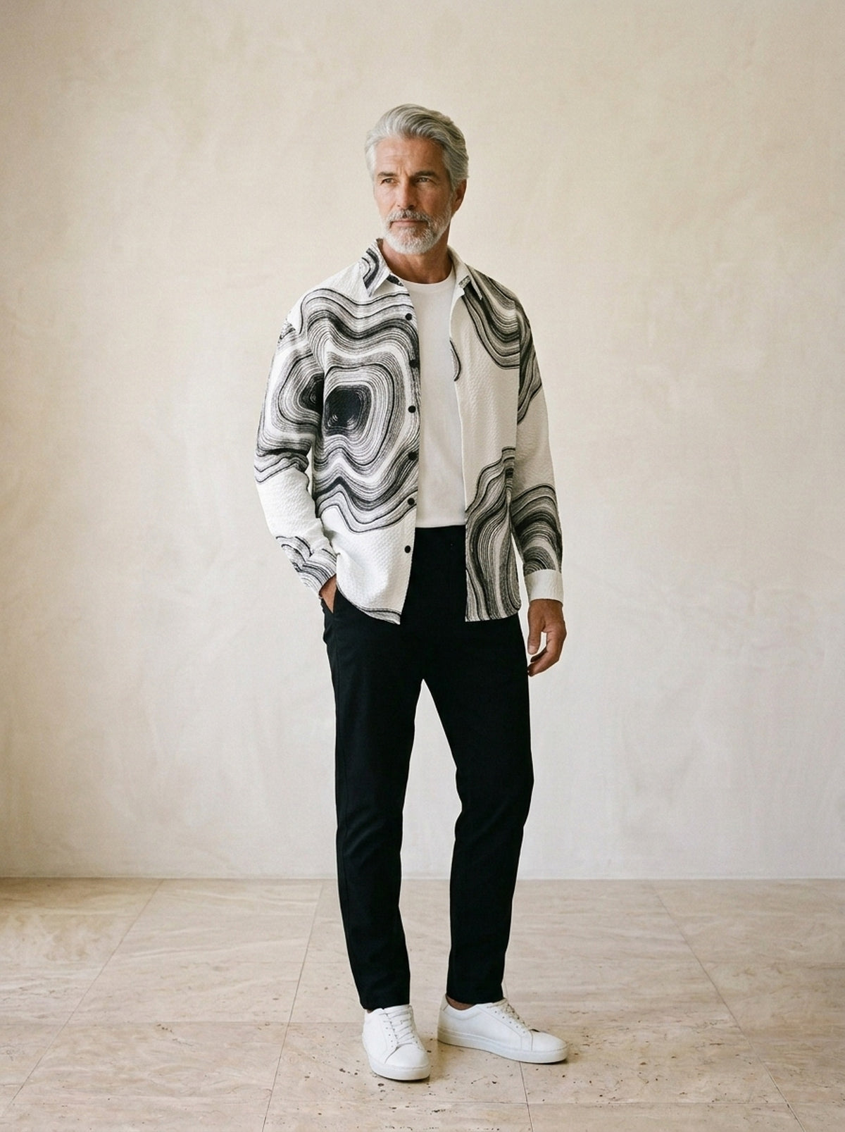 Branco | Camisa estampa ondulada Eger branco – vista três quartos