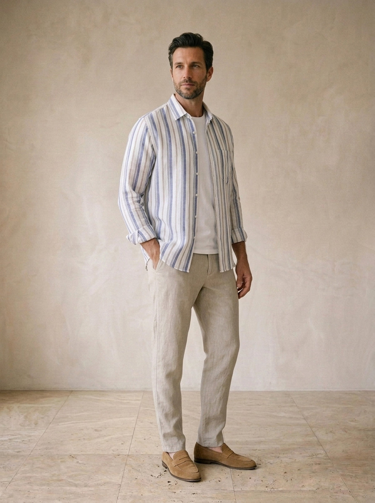 Azul | Camisa de linho listrada Épinal azul – vista três quartos