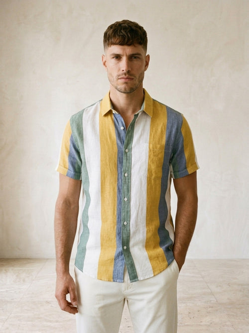 Listrado amarelo e azul | Camisa de linho listrada Ericeira listrado amarelo e azul – vista de frente, recorte próximo
