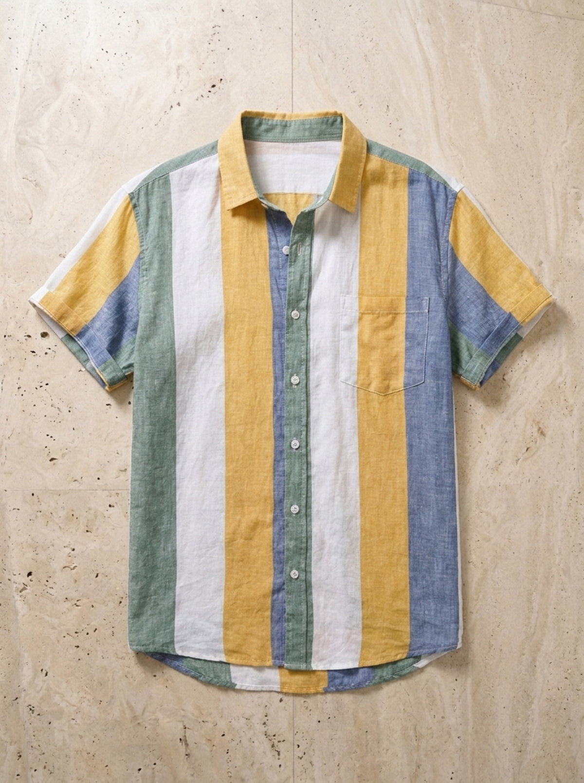 Listrado amarelo e azul | Camisa de linho listrada Ericeira listrado amarelo e azul – peça sozinha vista de cima