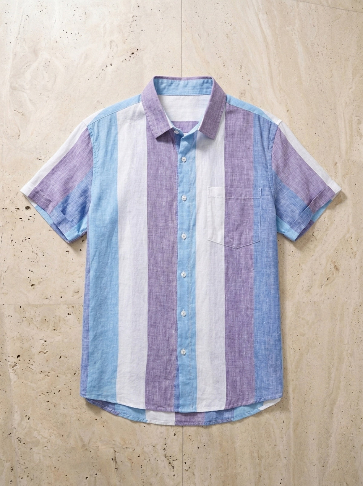 Listrado azul e lilás | Camisa de linho listrada Ericeira listrado azul e lilás – peça sozinha vista de cima