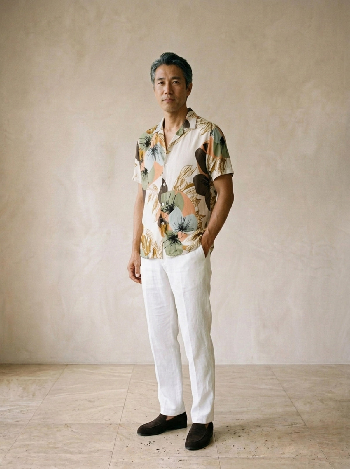 Camisa estampa folhas tropicais Estocolmo – vista três quartos