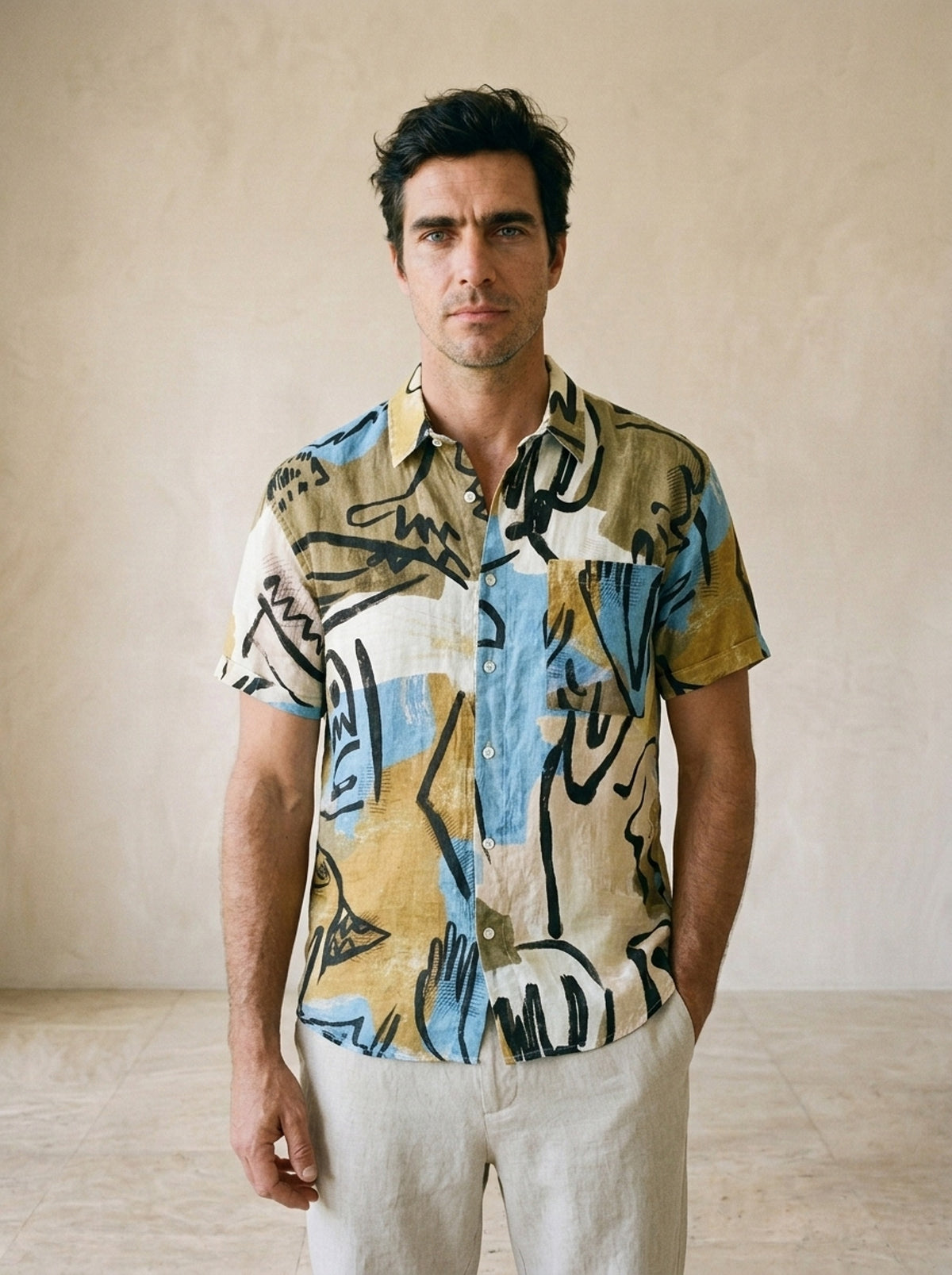 Camisa de linho estampada Évora – vista de frente, recorte próximo