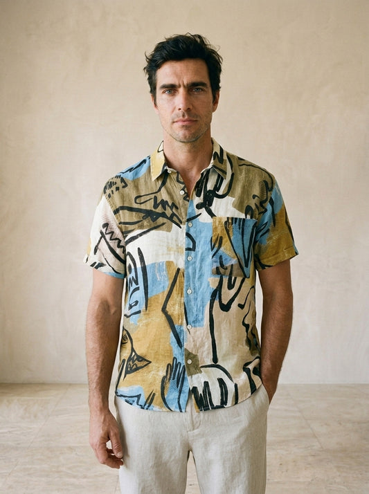 Camisa de linho estampada Évora – vista de frente, recorte próximo