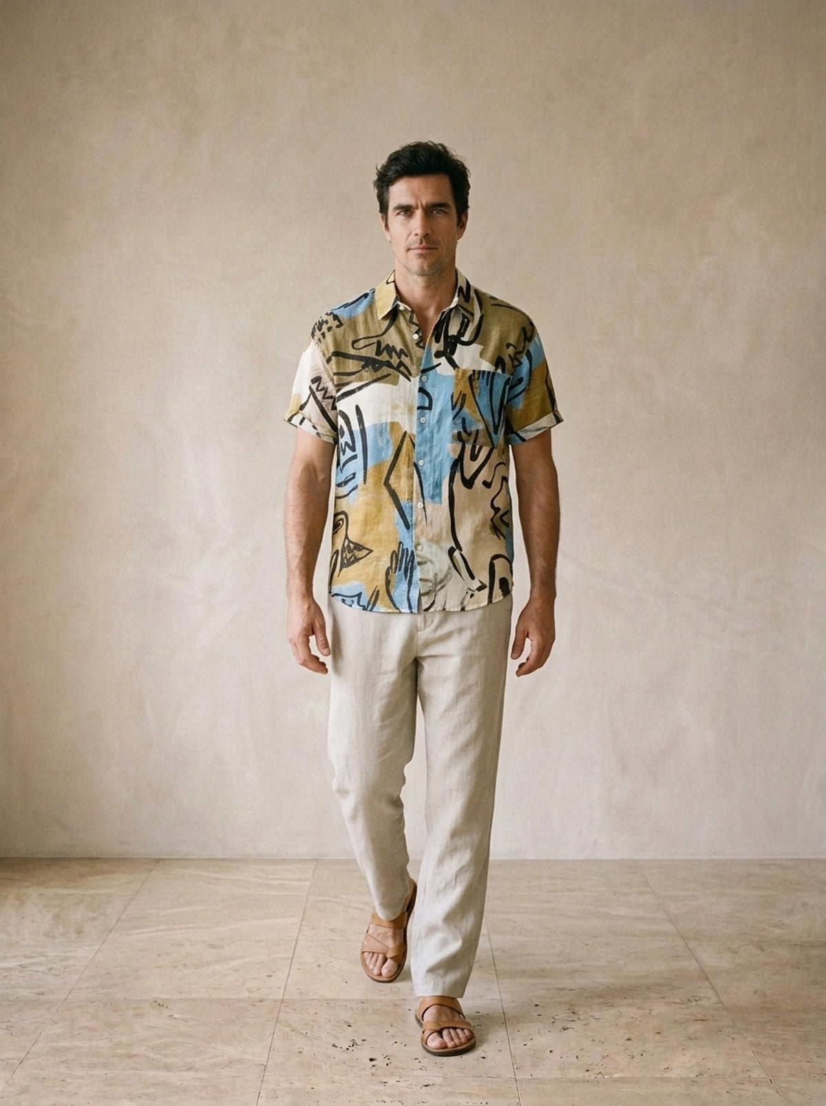 Camisa de linho estampada Évora – corpo inteiro, modelo caminhando