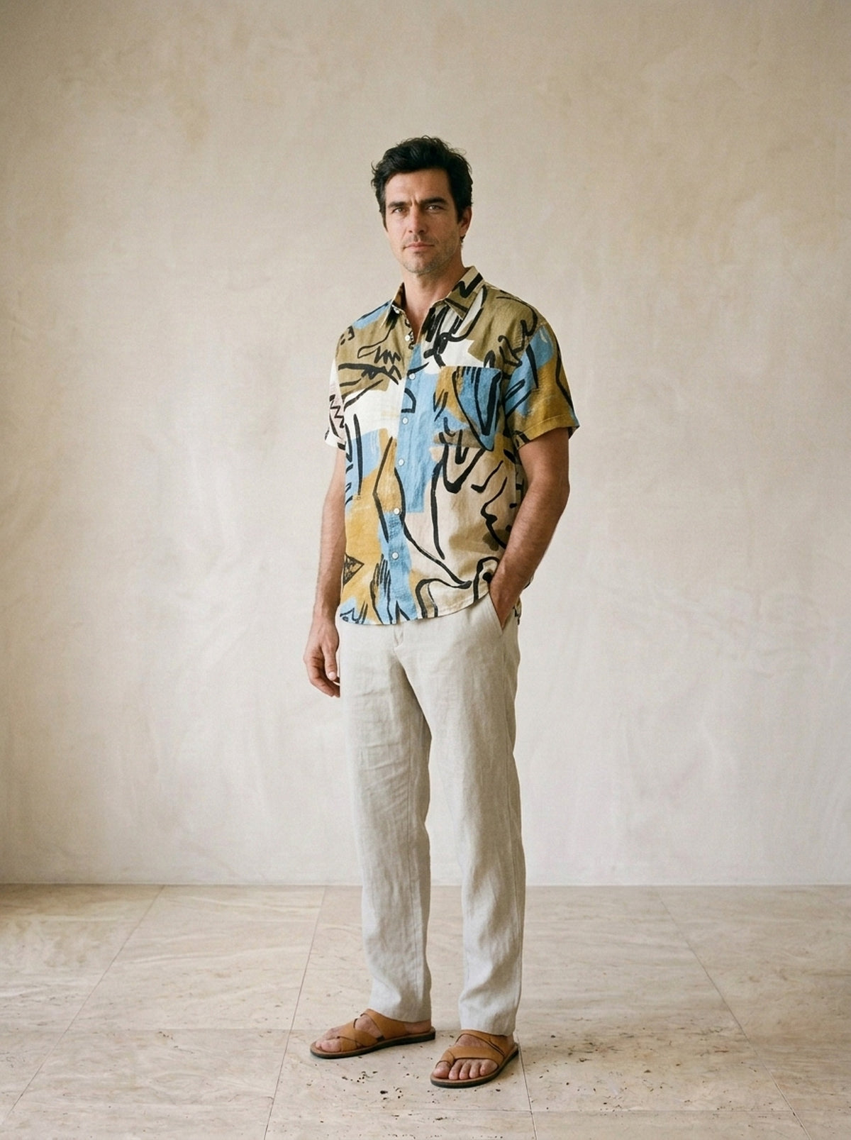 Camisa de linho estampada Évora – vista três quartos