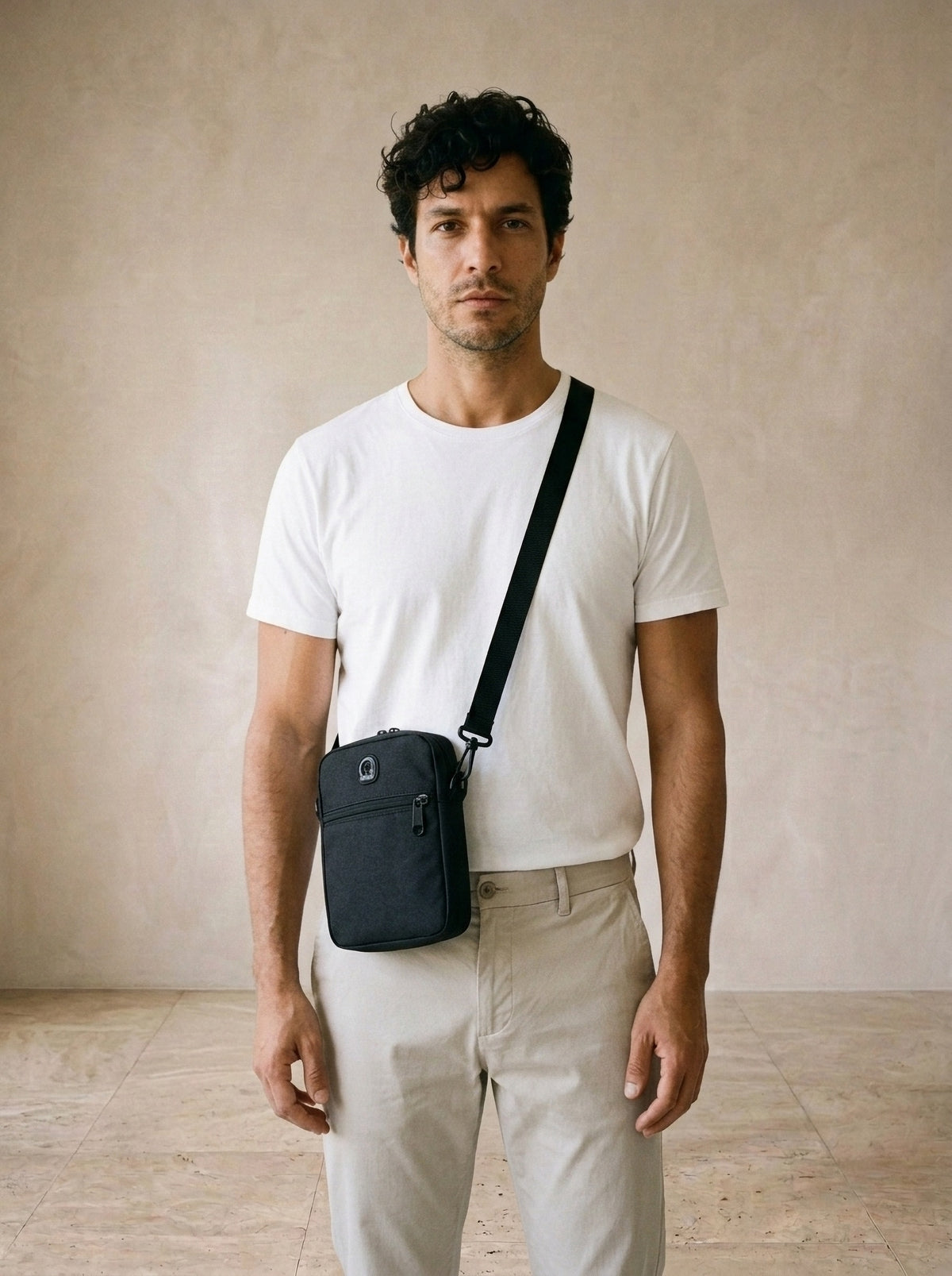 Preto | Bolsa de ombro de lona Fano preto – modelo com a bolsa, vista de frente