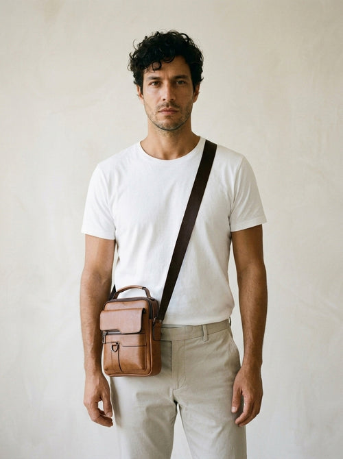 Marrom | Bolsa de ombro de couro Fiesole marrom – modelo com a bolsa, vista de frente