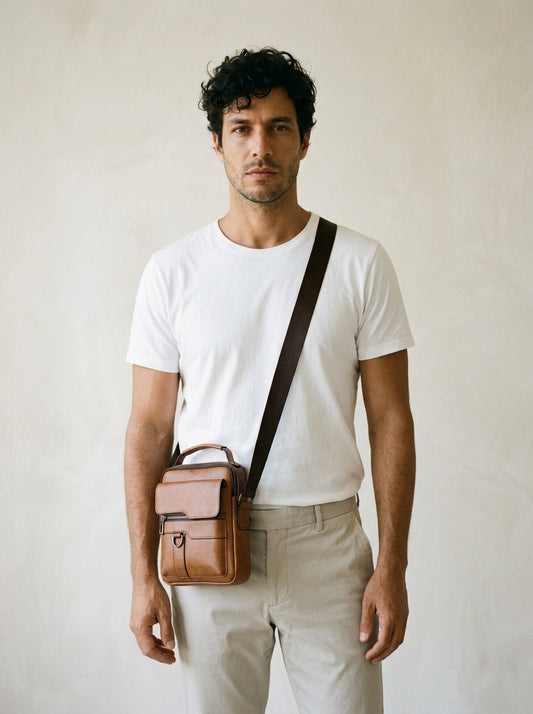 Marrom | Bolsa de ombro de couro Fiesole marrom – modelo com a bolsa, vista de frente