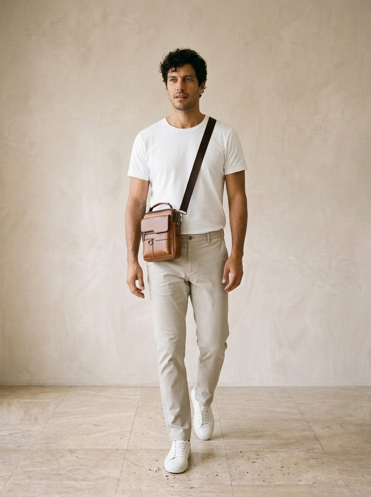 Marrom | Bolsa de ombro de couro Fiesole marrom – modelo caminhando com a bolsa