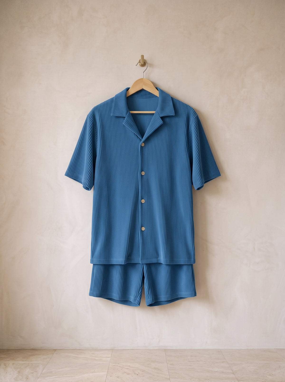 Azul | Conjunto camisa e short de veludo canelado Formentera azul – peça sozinha, foto de produto