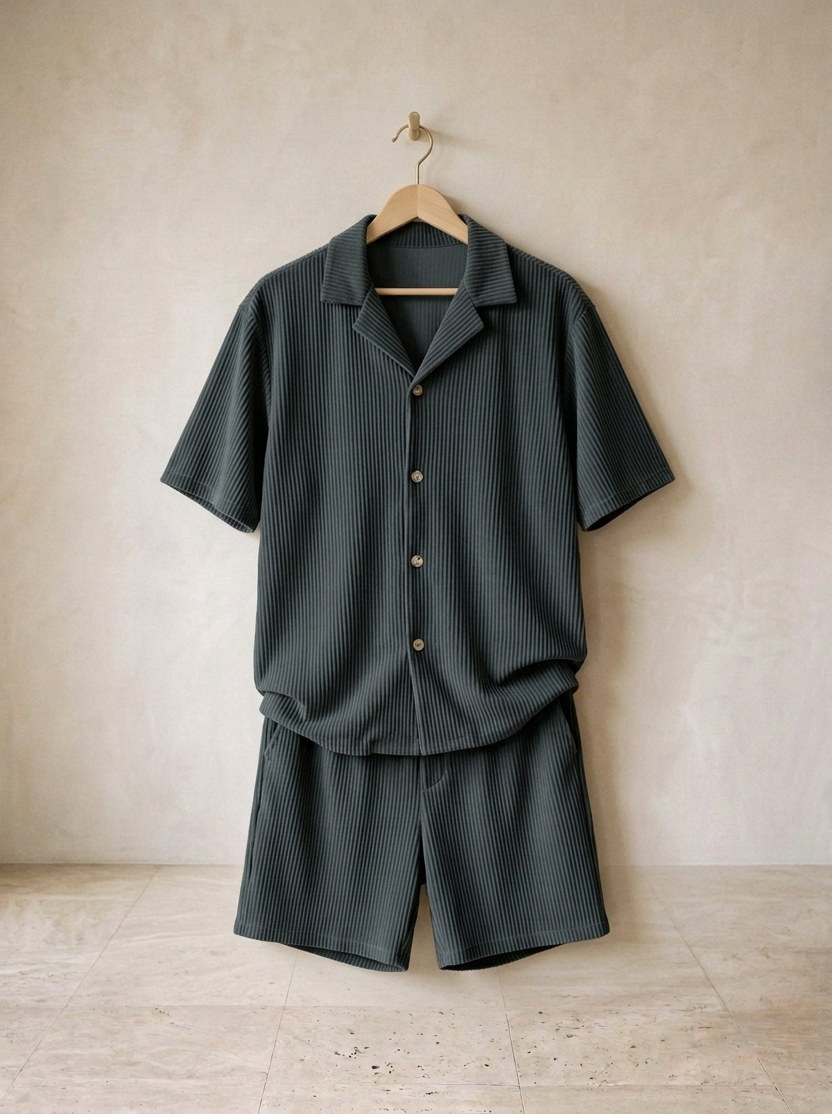 Cinza-escuro | Conjunto camisa e short de veludo canelado Formentera cinza-escuro – peça sozinha, foto de produto