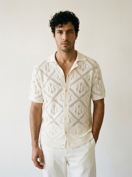 Off-white | Camisa social de tricô Frigiliana off-white – vista de frente, recorte próximo