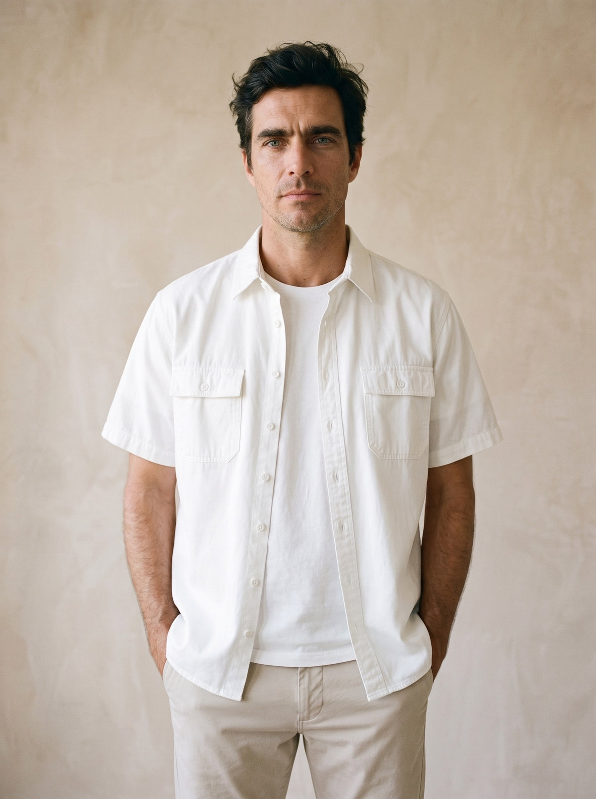 Branco | Camisa social de algodão Galway branco – vista de frente, recorte próximo