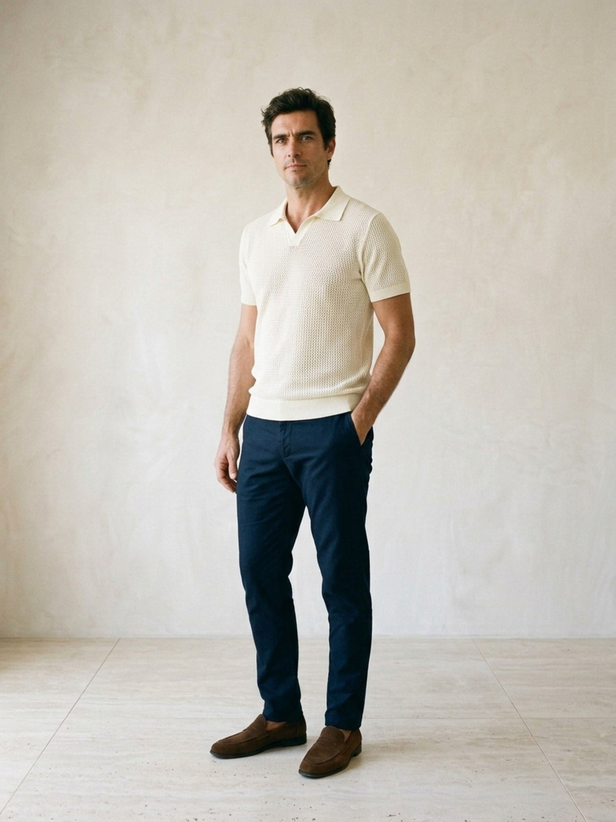 Branco | Camisa polo de tricô slim Sartong Genebra branca – vista três quartos